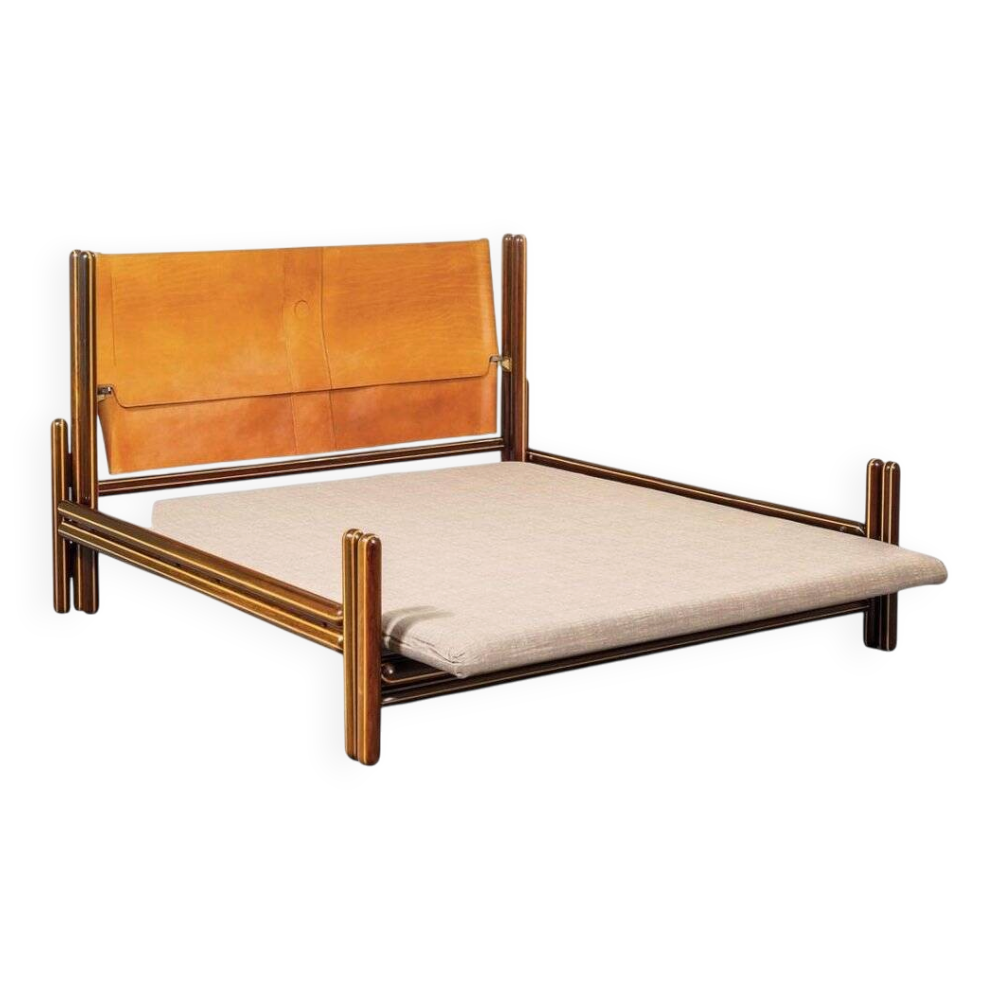 Lit double en bois et cuir attribué à Carlo Scarpa pour Simon Gavina, Italie, 1975
