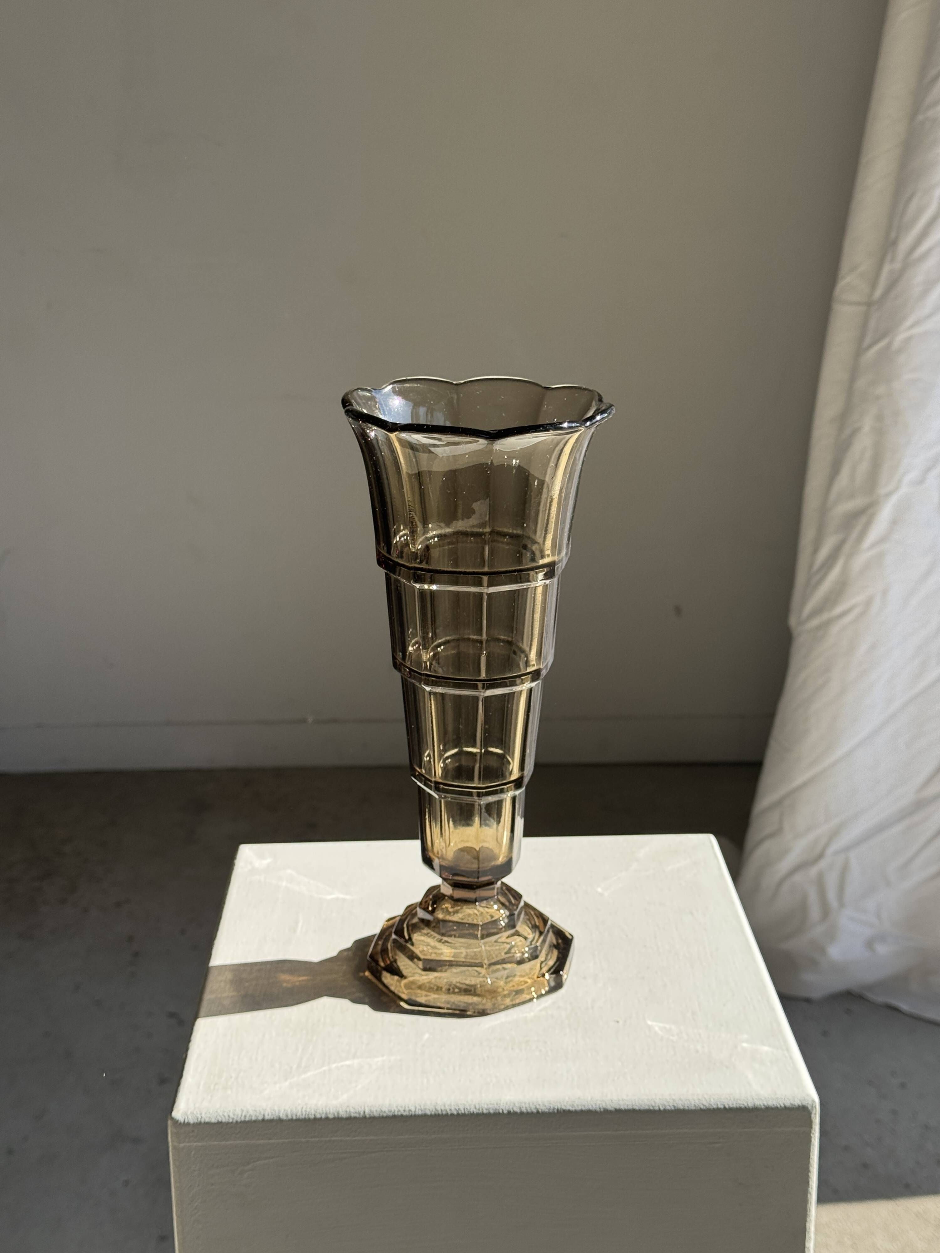 Flared Art Deco vase in smoked moulded glass with steps H30 W13.5