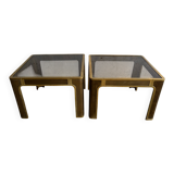 Pair of Gold Bronze Side Tables with Smoked Glass Tops — Solid Bronze, 1970s Belgian Design