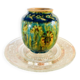 Petit vase en grès vintage dans les teintes vertes, effets craquelés