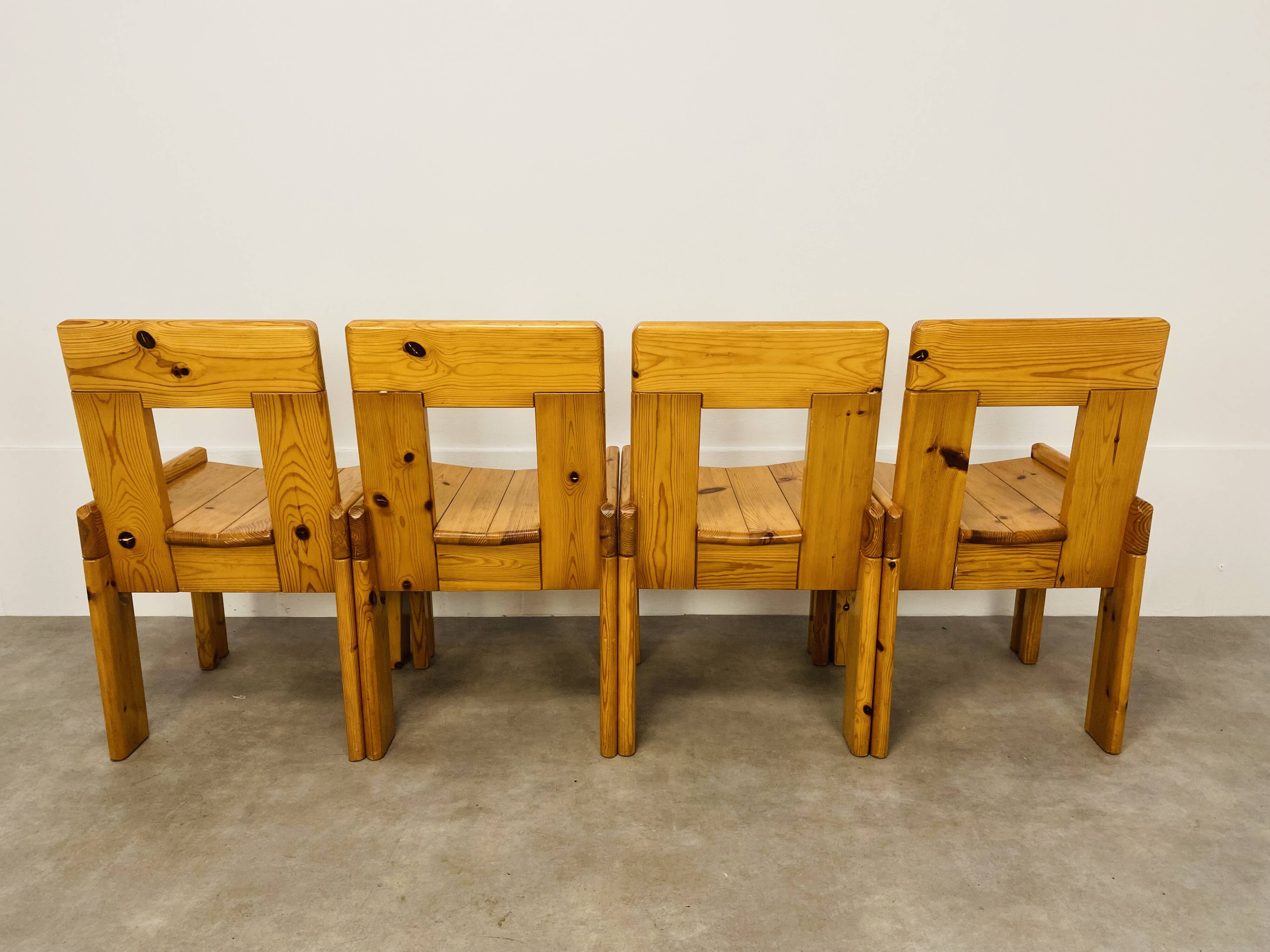 4 brutalist chairs by Silvio Coppola for Roche Bobois, solid pine