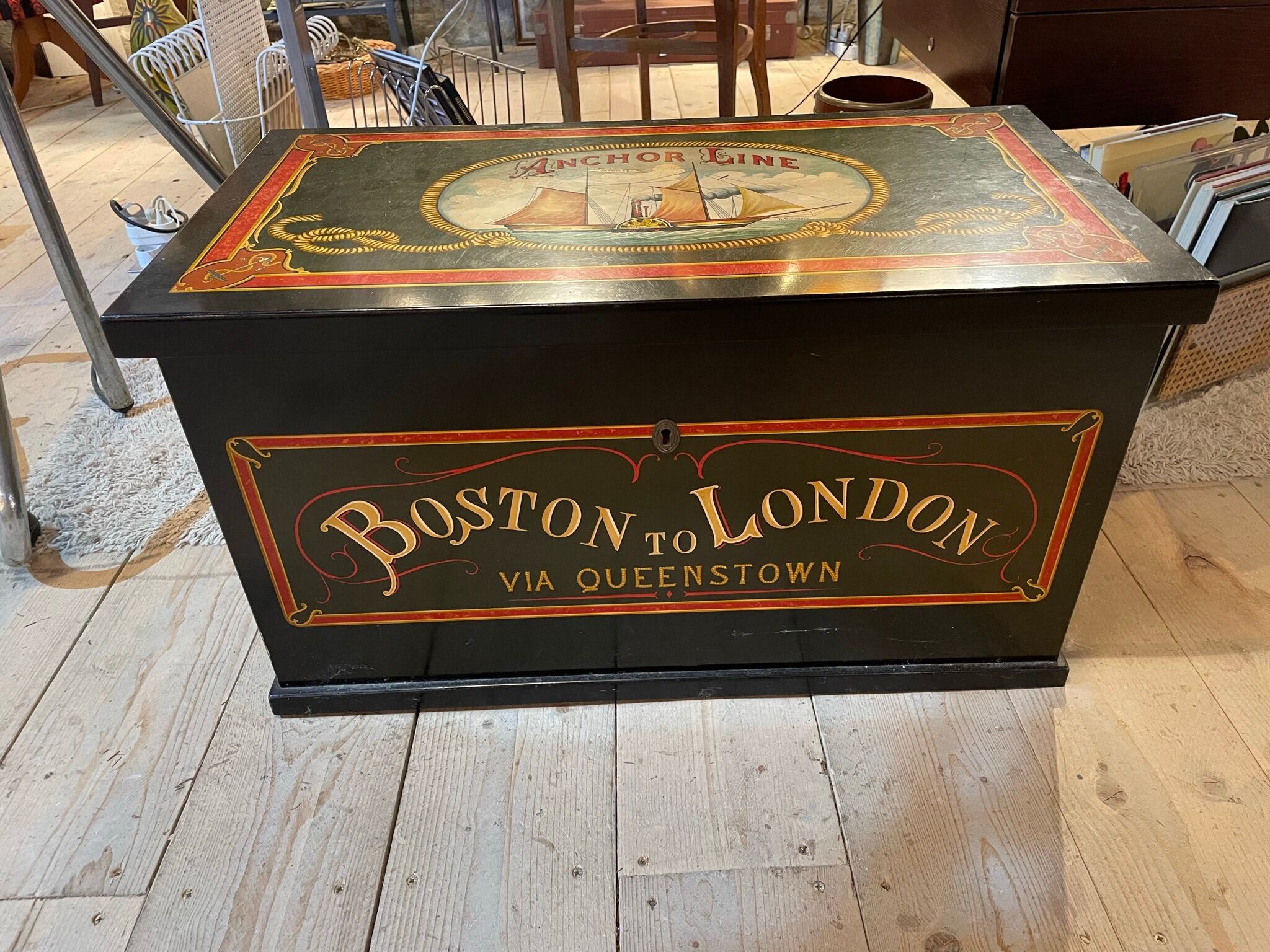 Anchor line painted wooden chest