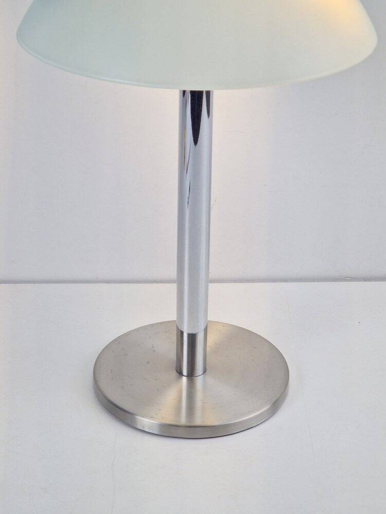 Mid-Century Mushroom Table Lamp in Sandblasted Glass, Stainless Steel & Chrome, 1960s
