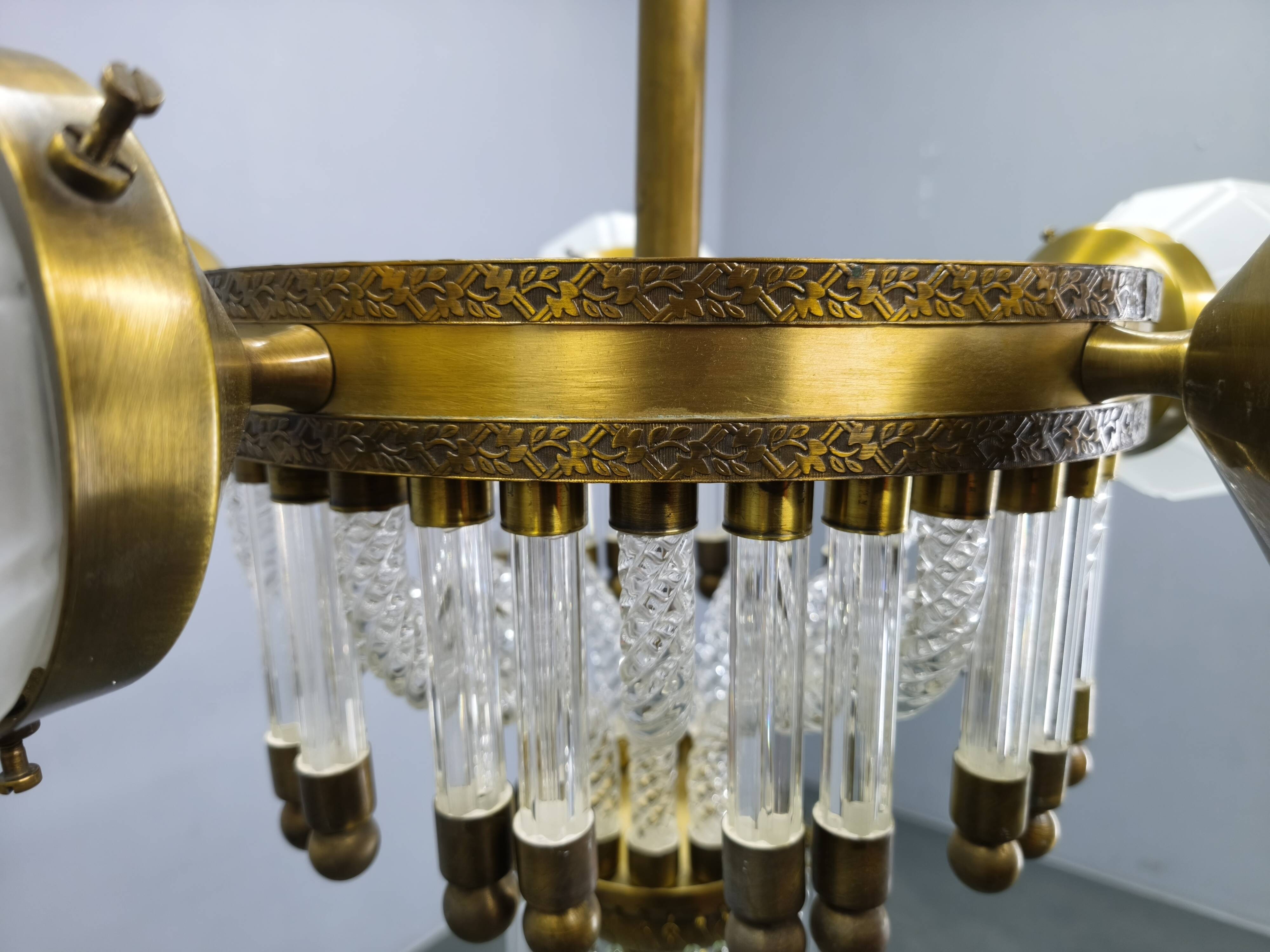 Czech Art Deco Brass and Glass Chandelier, 1950s