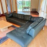 Roche Bobois dark green leather corner sofa