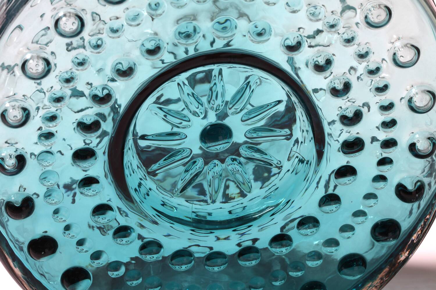 Vintage Teal Blue Glass Vase: Mid-Century Modern Sunburst Design / 1969