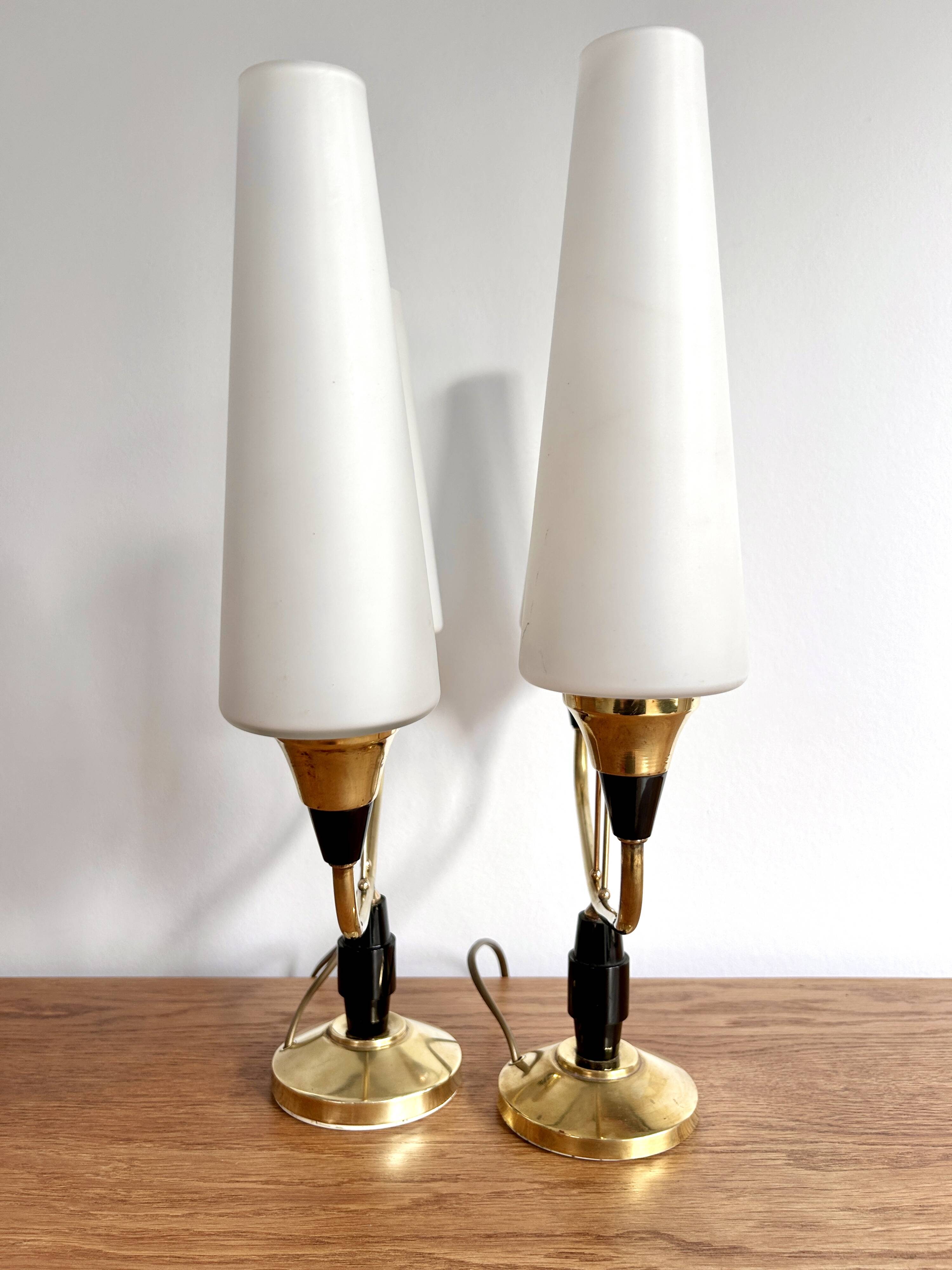 Pair of brass and opaline lamps from the 1950s.