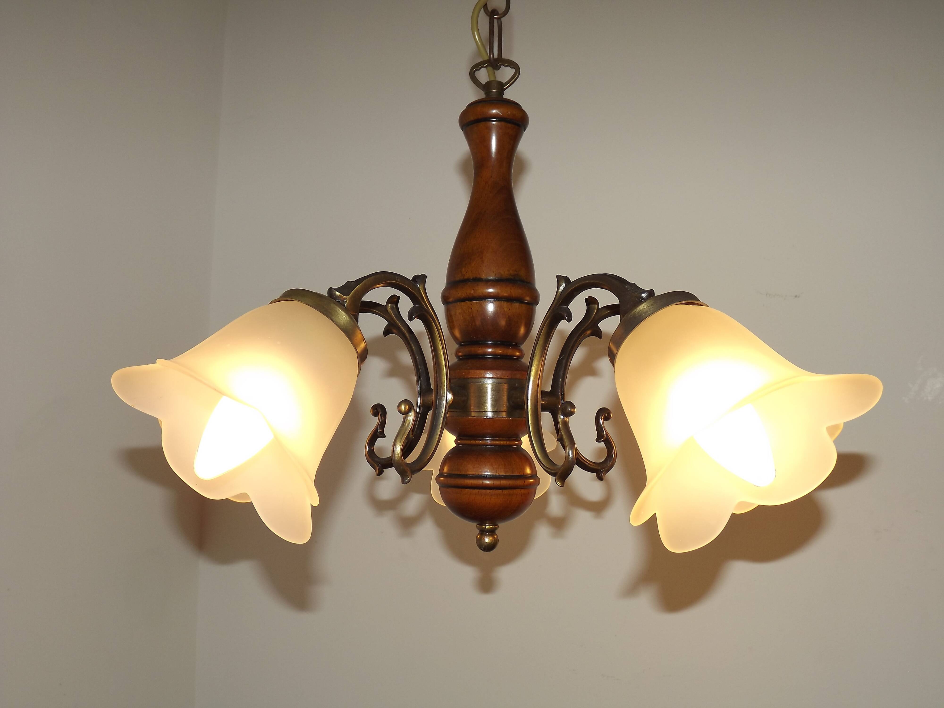 French Mid-Century Bronzed Metal & Wood 5-Light Chandelier with Glass Shades