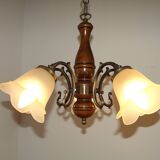 French Mid-Century Bronzed Metal & Wood 5-Light Chandelier with Glass Shades