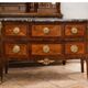 Small Louis XV transitional chest of drawers – precious wood veneer and marble.