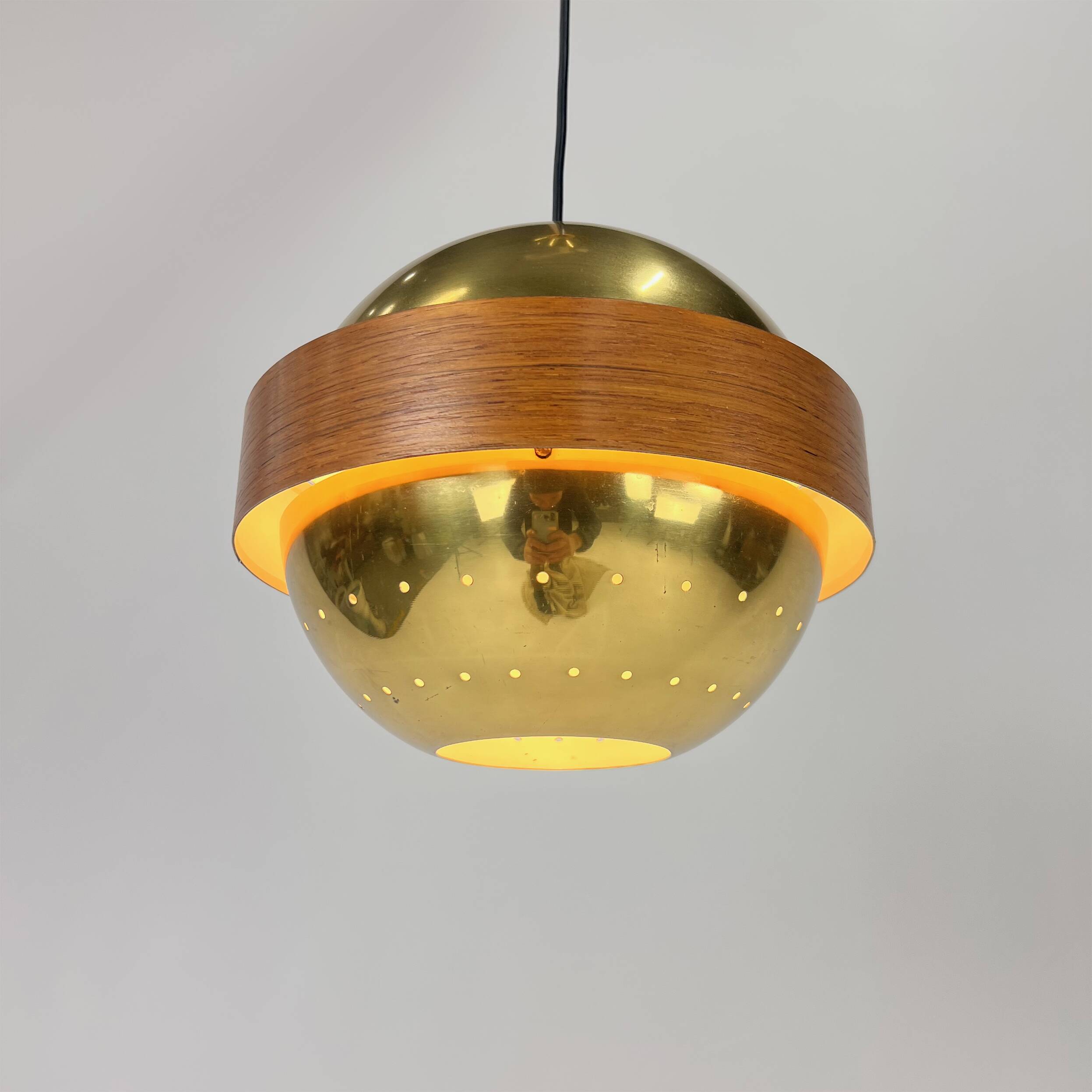 Mid Century Scandinavian Brass and Teak Pendant, 1960s
