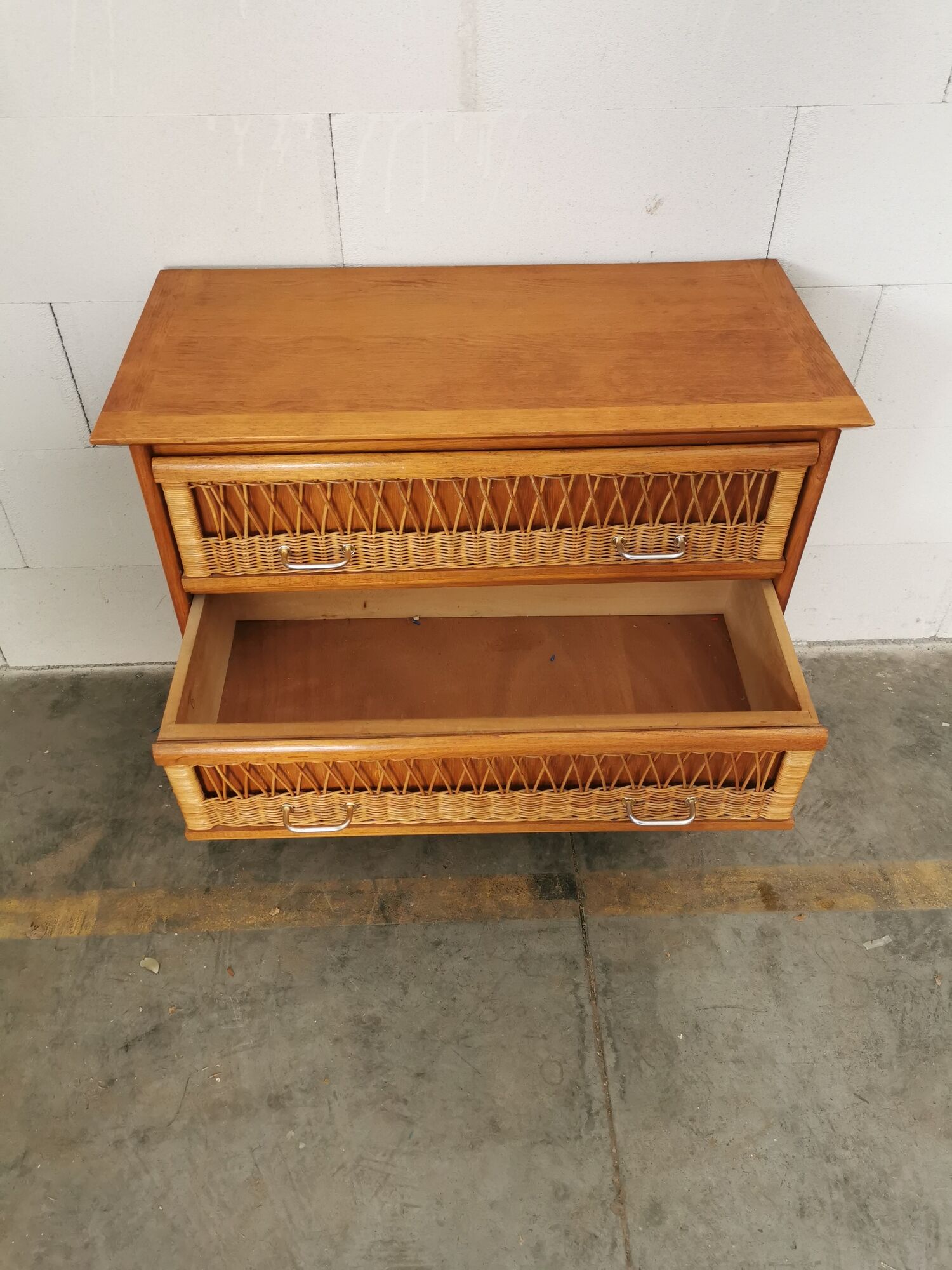 Vintage wood and rattan chest of drawers
