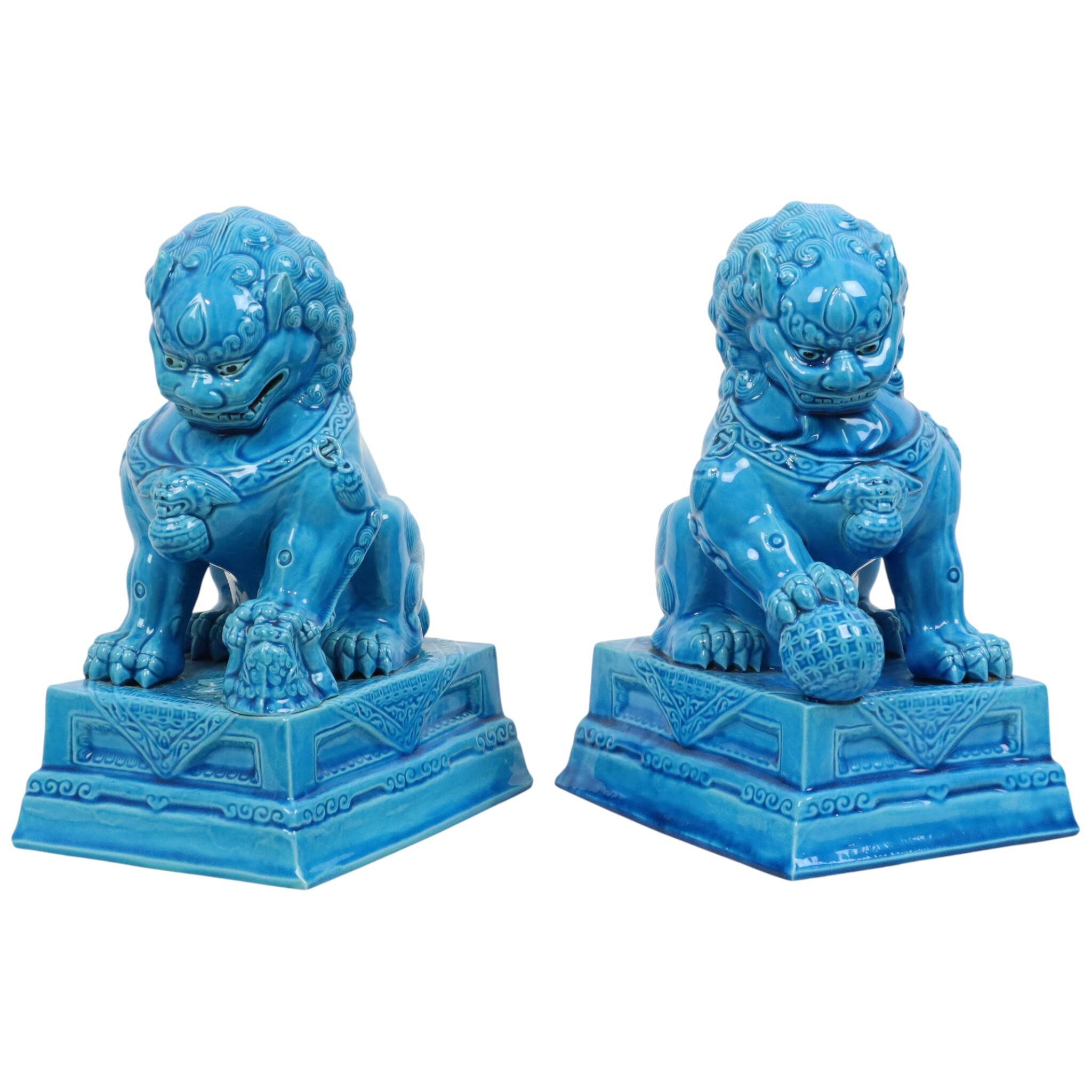 Large Temple Lion Statues Foo Dogs Blue Porcelain 25cm