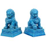 Large Temple Lion Statues Foo Dogs Blue Porcelain 25cm