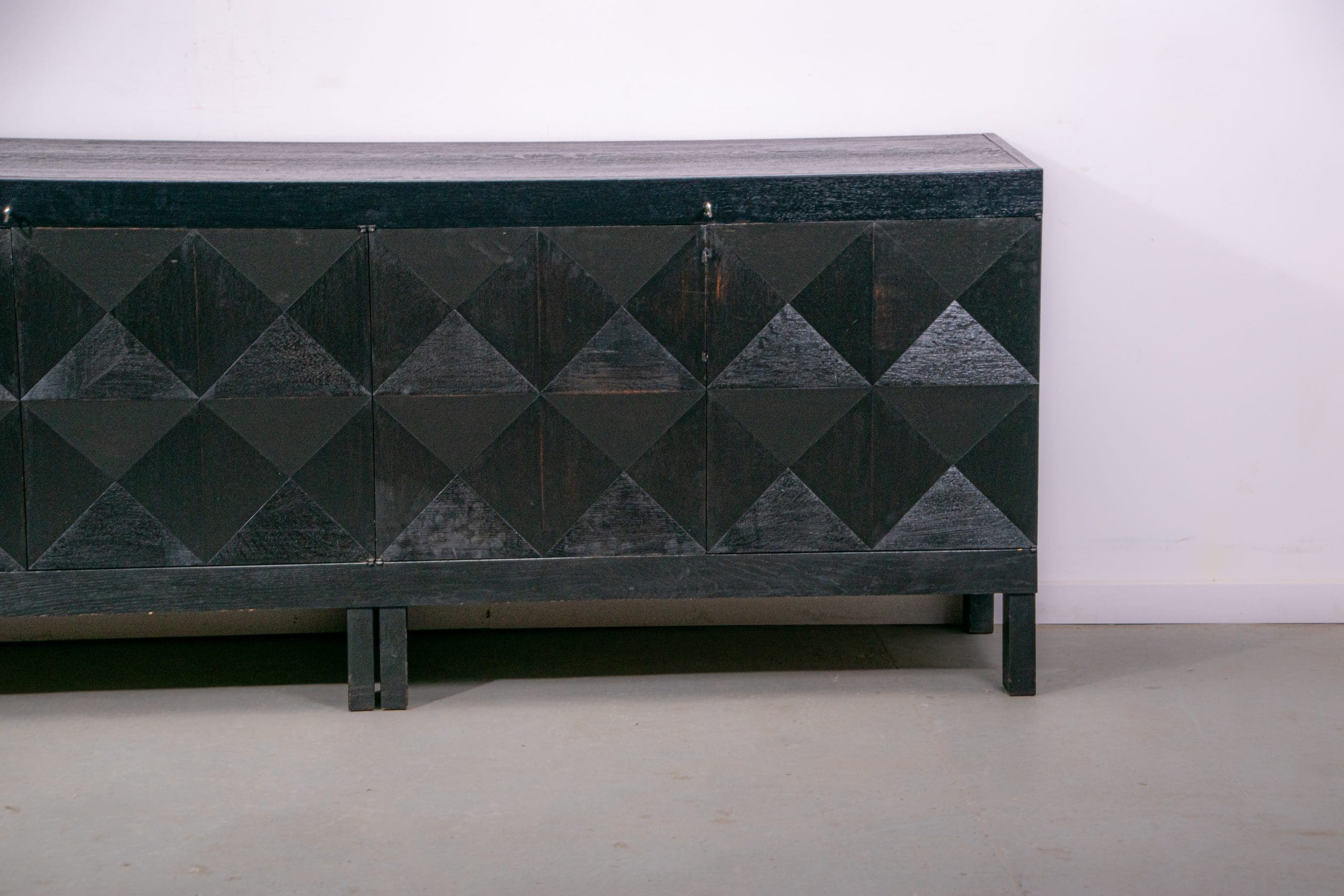 Black oak brutalist sideboard by Jean Batenburg with graphical doors for MI, Belgium