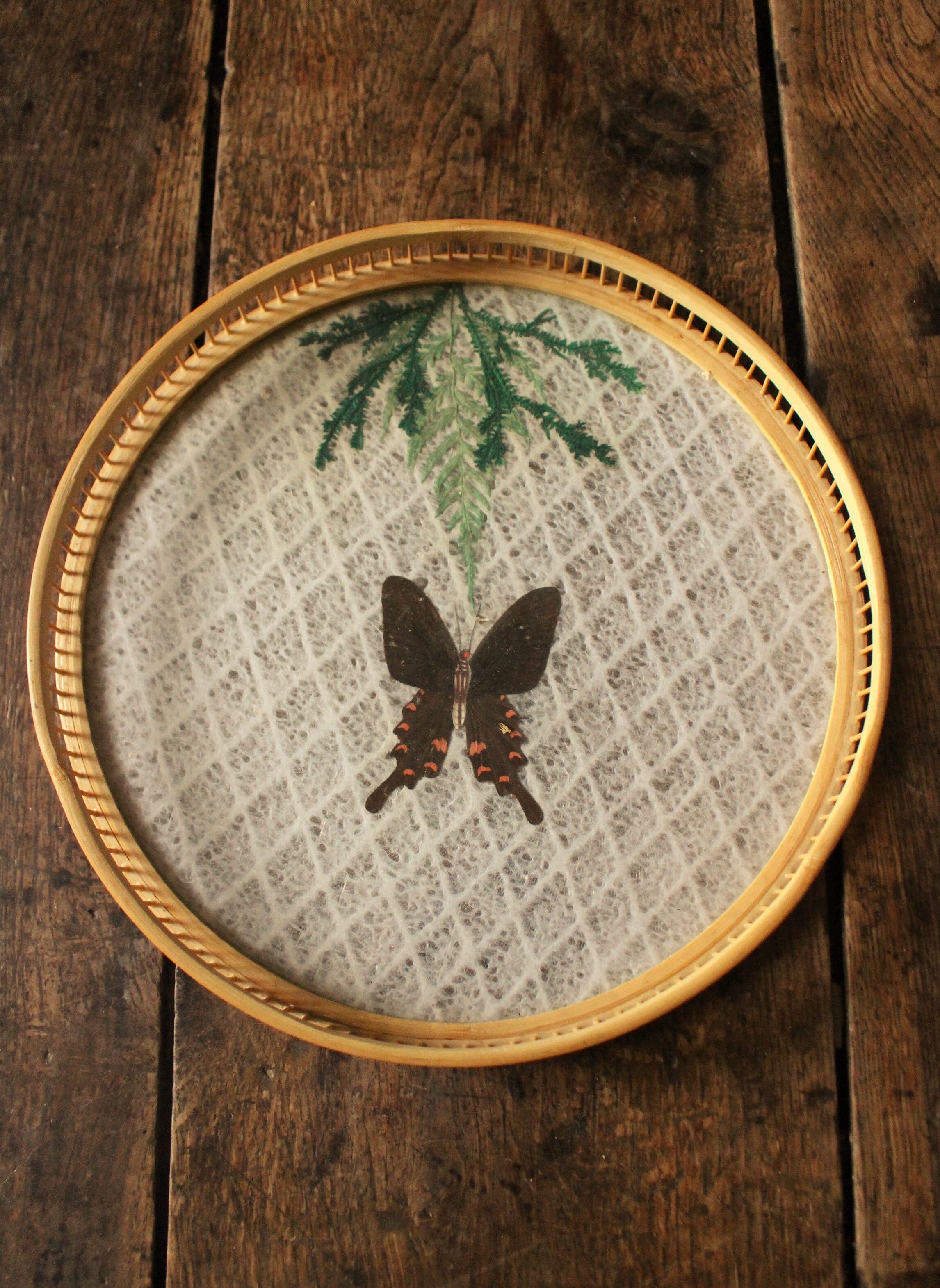 Round tray bamboo vintage butterflies