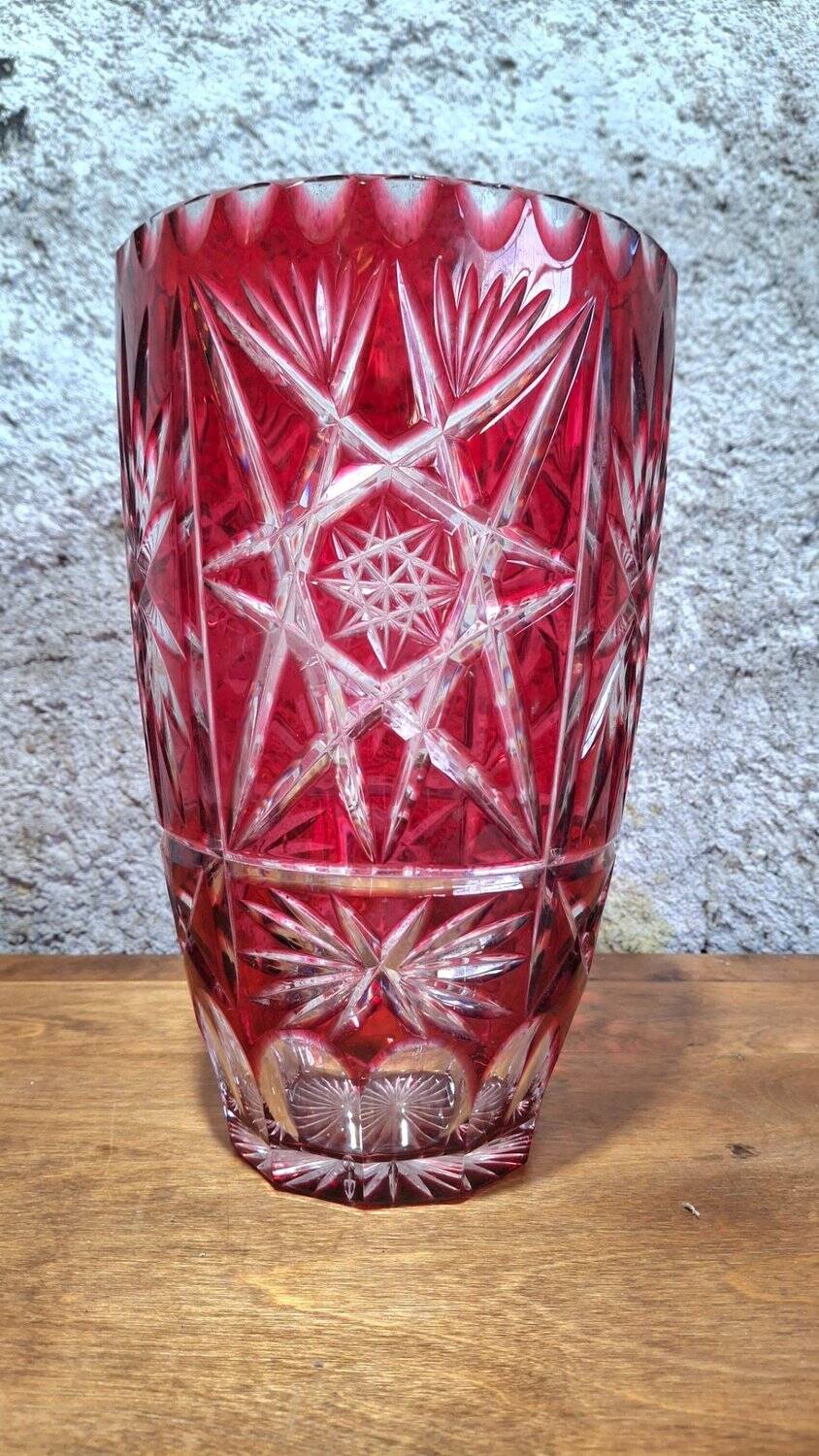 Large ruby red cut crystal vase – Central Europe 1950s