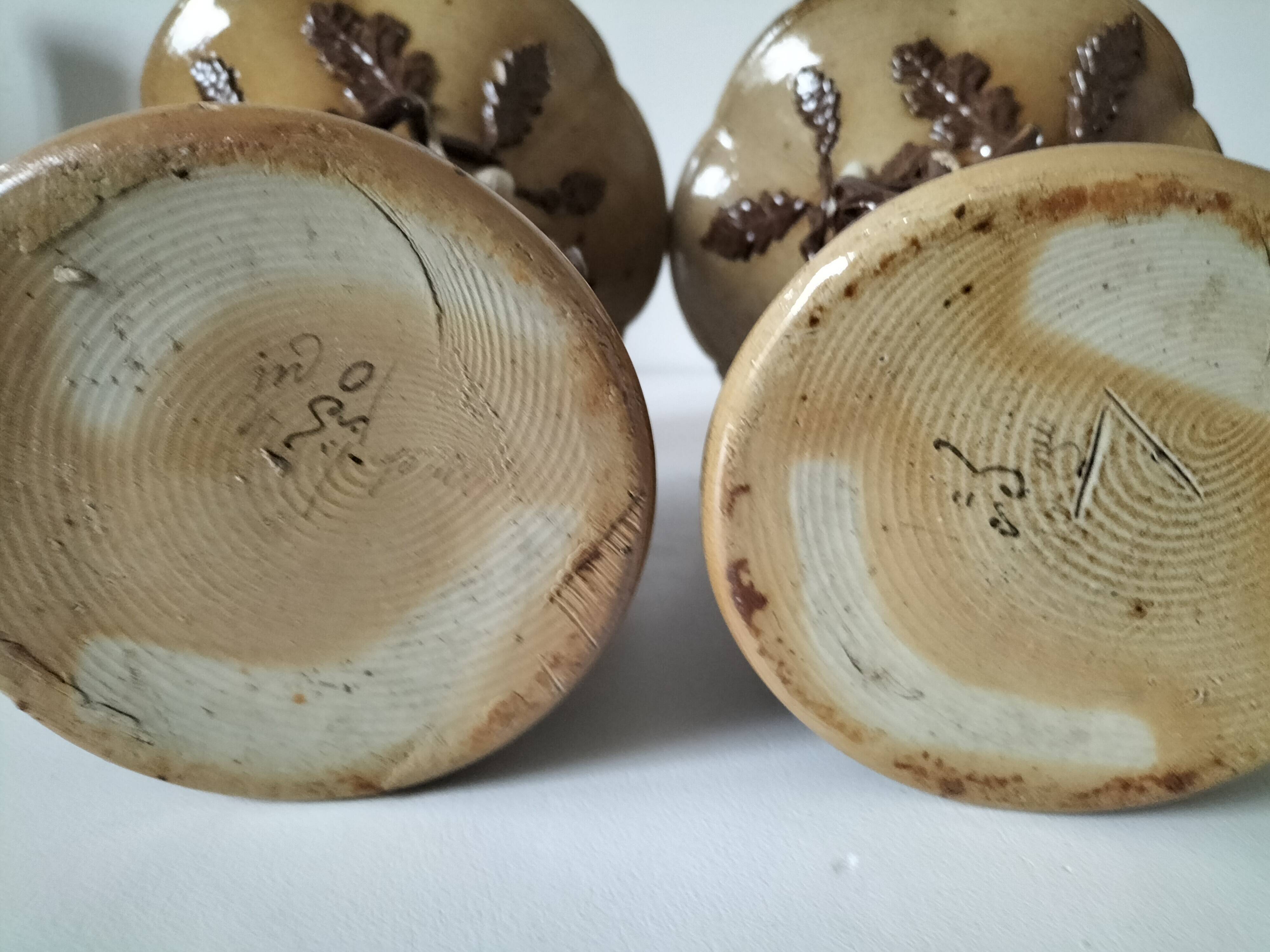 Duo of naturalistic stoneware vases – oak branches & acorns in relief