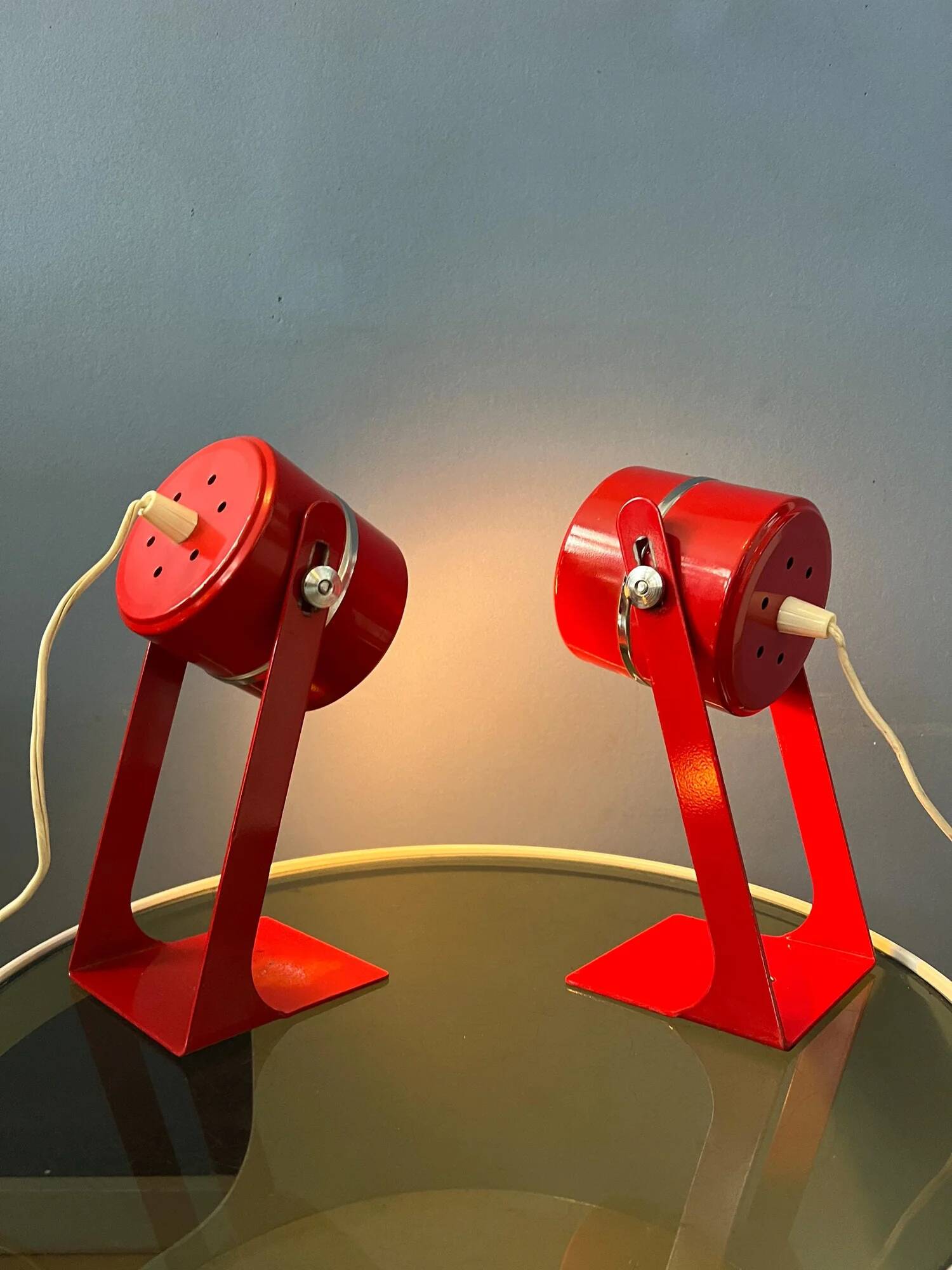 Set (2) of vintage red space age desk lamps