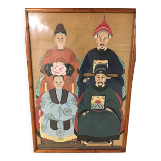 Tableau portrait de famille de 4 dignitaires chinois