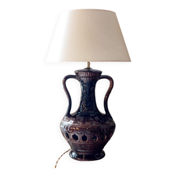 Lampe amphore vintage en céramique et abat-jour en soie et laine neuf