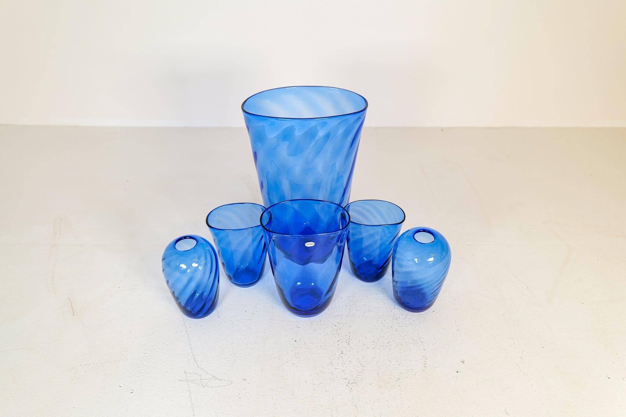 Art Deco Set of 6 Sculpted Glass Vases Handmade Reijmyre, Sweden, 1930s