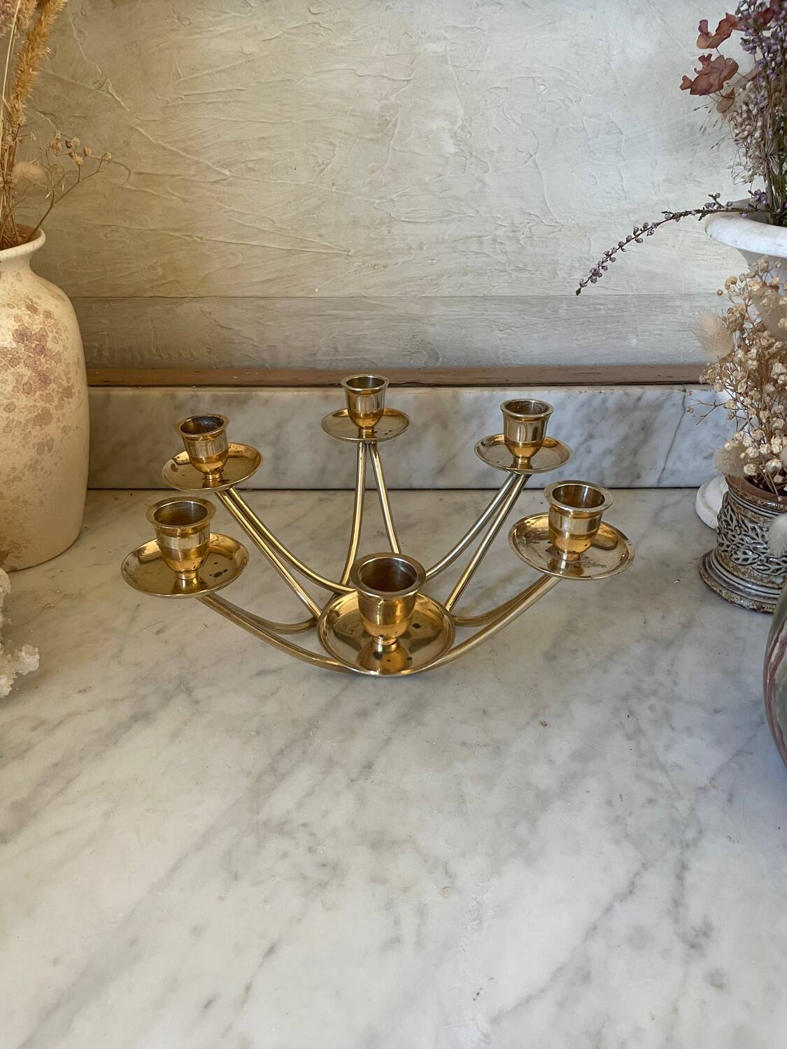 Low six-light brass chandelier circa 1950