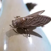 Art nouveau table lamp with bronze fly and hop leaves