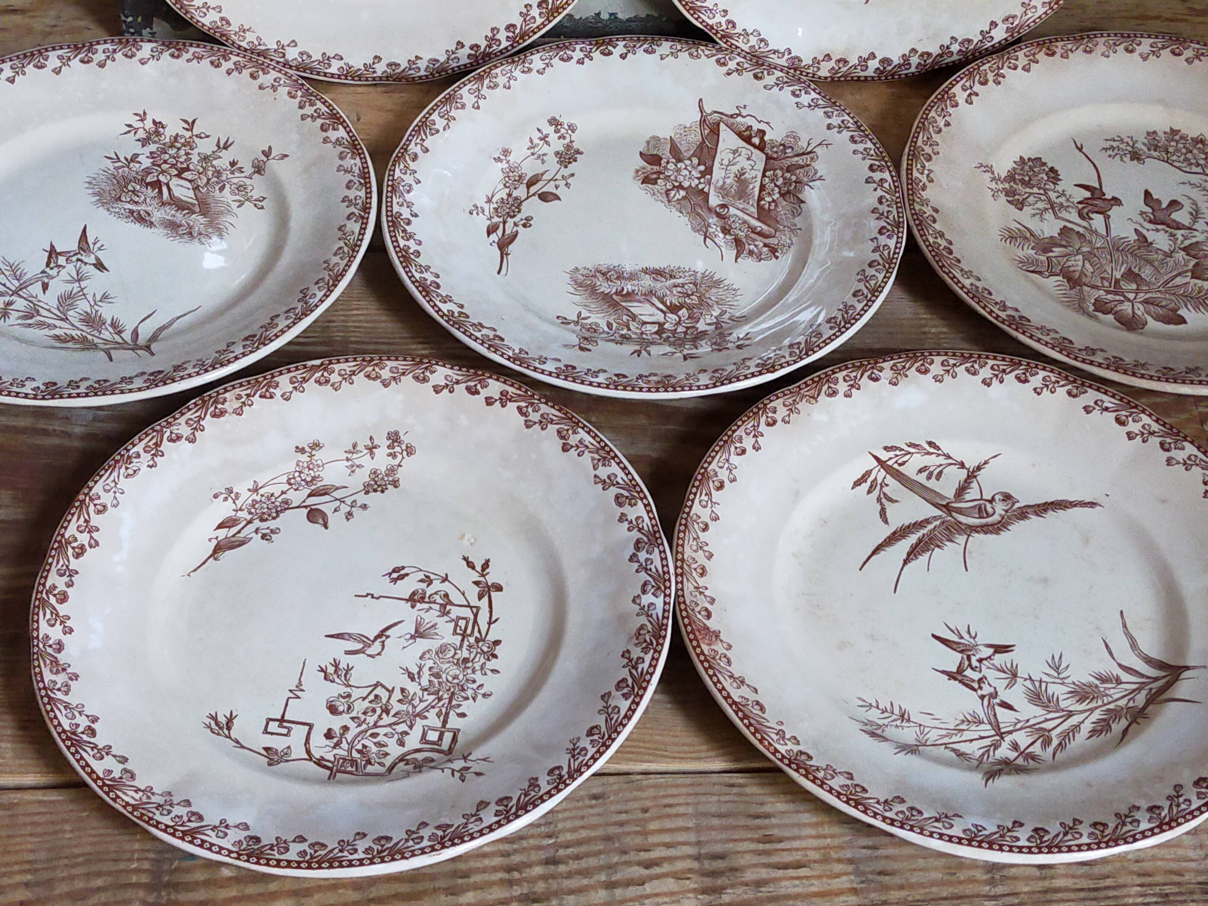 Seven iron earth dessert plates with birds ffPexonne late 19th century