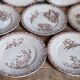 Sept assiettes à dessert terre de fer aux oiseaux f.f.Pexonne fin XIX ème