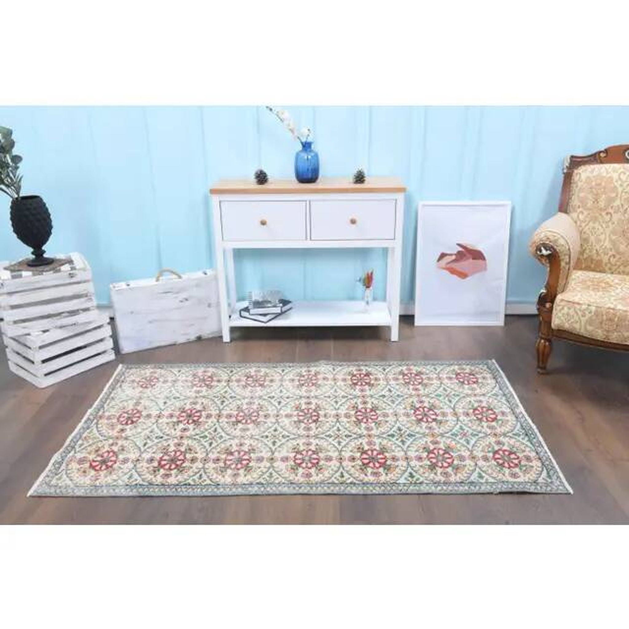 1970s Turkish Oushak Handmade Wool Cotton Beige Area Rug 101x191