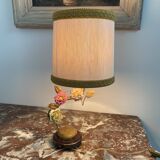 Lamp, Capodimonte, porcelain flowers, polychrome, brass leaves, cherry marble base, lampshade