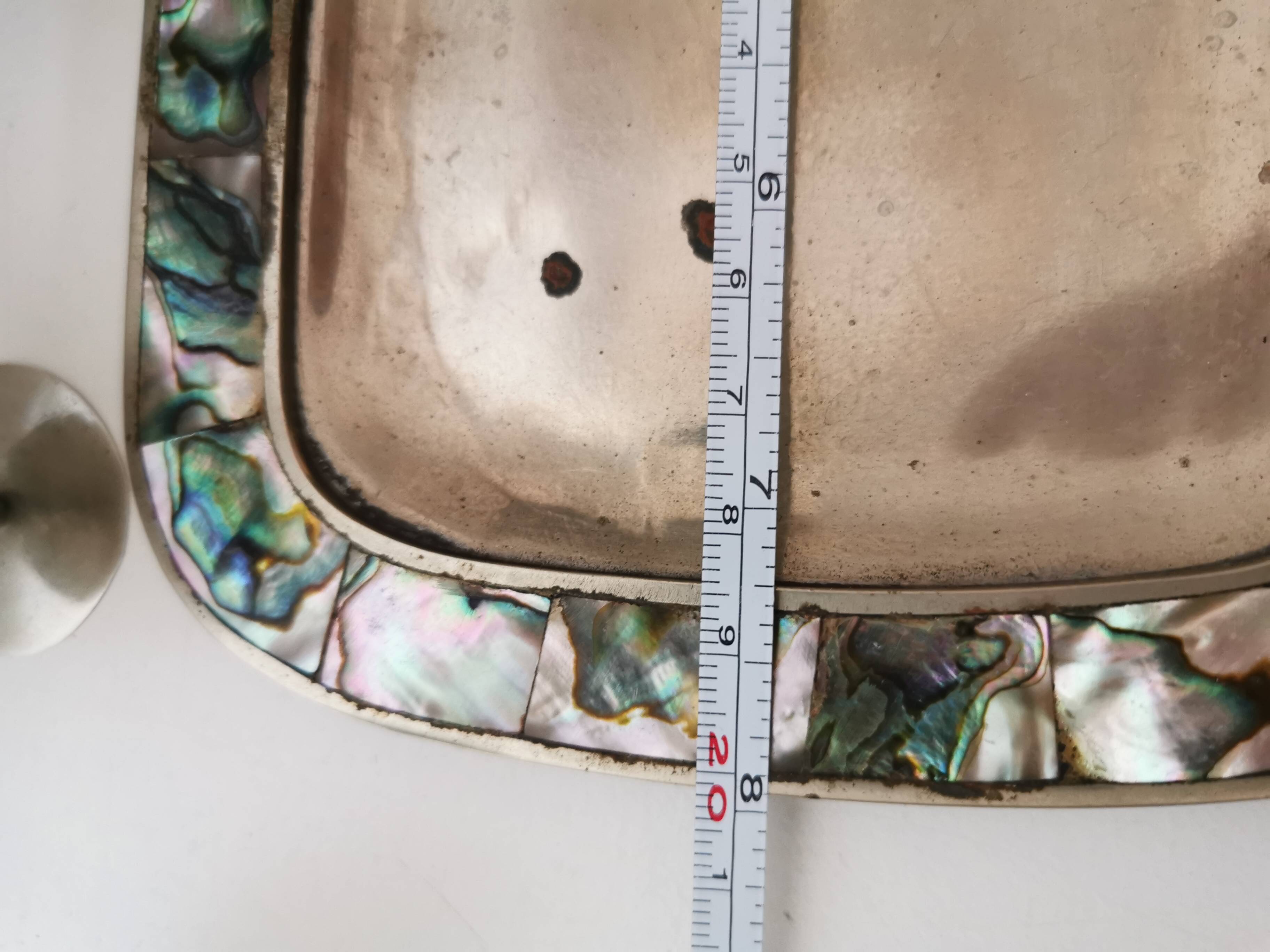 digestive service, glass and tray in silver metal Mexican abalone