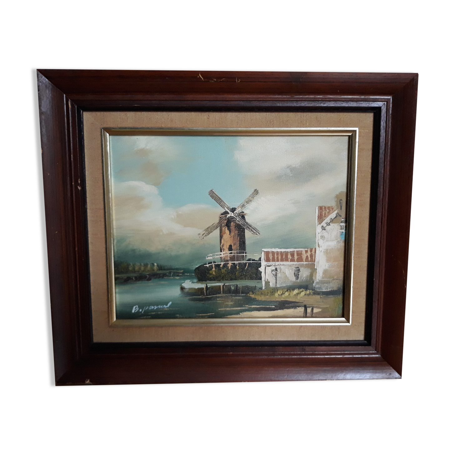 Landscape painting mill at the edge of the water, oil on canvas signed