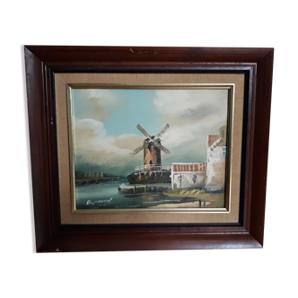 Tableau paysage moulin au bord de l'eau, huile sur toile signée