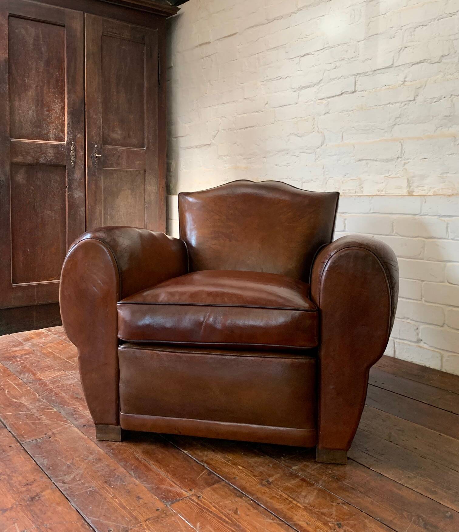 French Leather Club Chair, Havana Mustache Model, with Cuban Cigar Arms, Circa 1930's