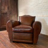 French Leather Club Chair, Havana Mustache Model, with Cuban Cigar Arms, Circa 1930's