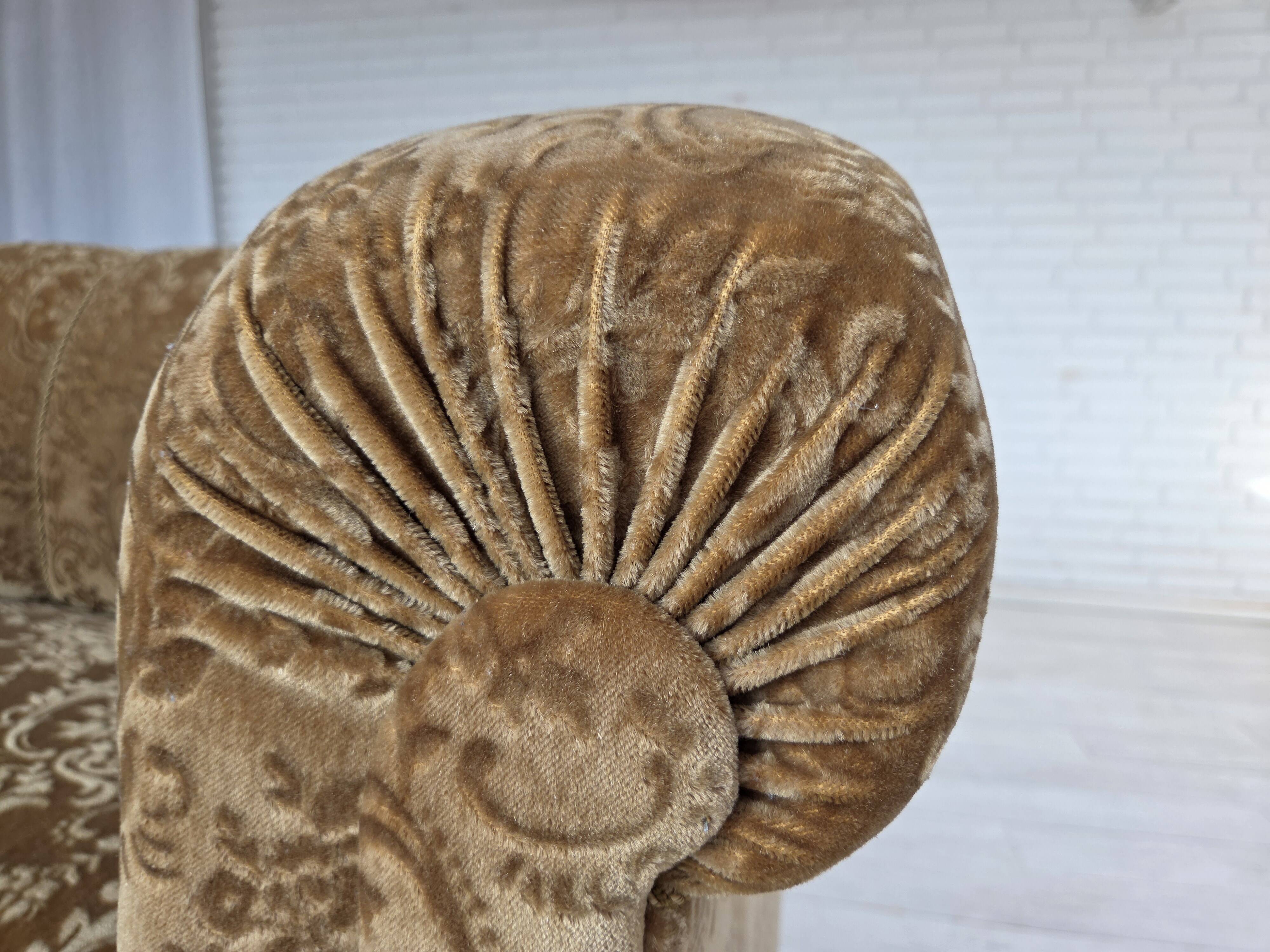 1960s, 3-seater Danish sofa, green furniture velour, ash wood legs.