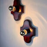 Pair of geometric Art Deco wall lights, carved wood, France, 1960s