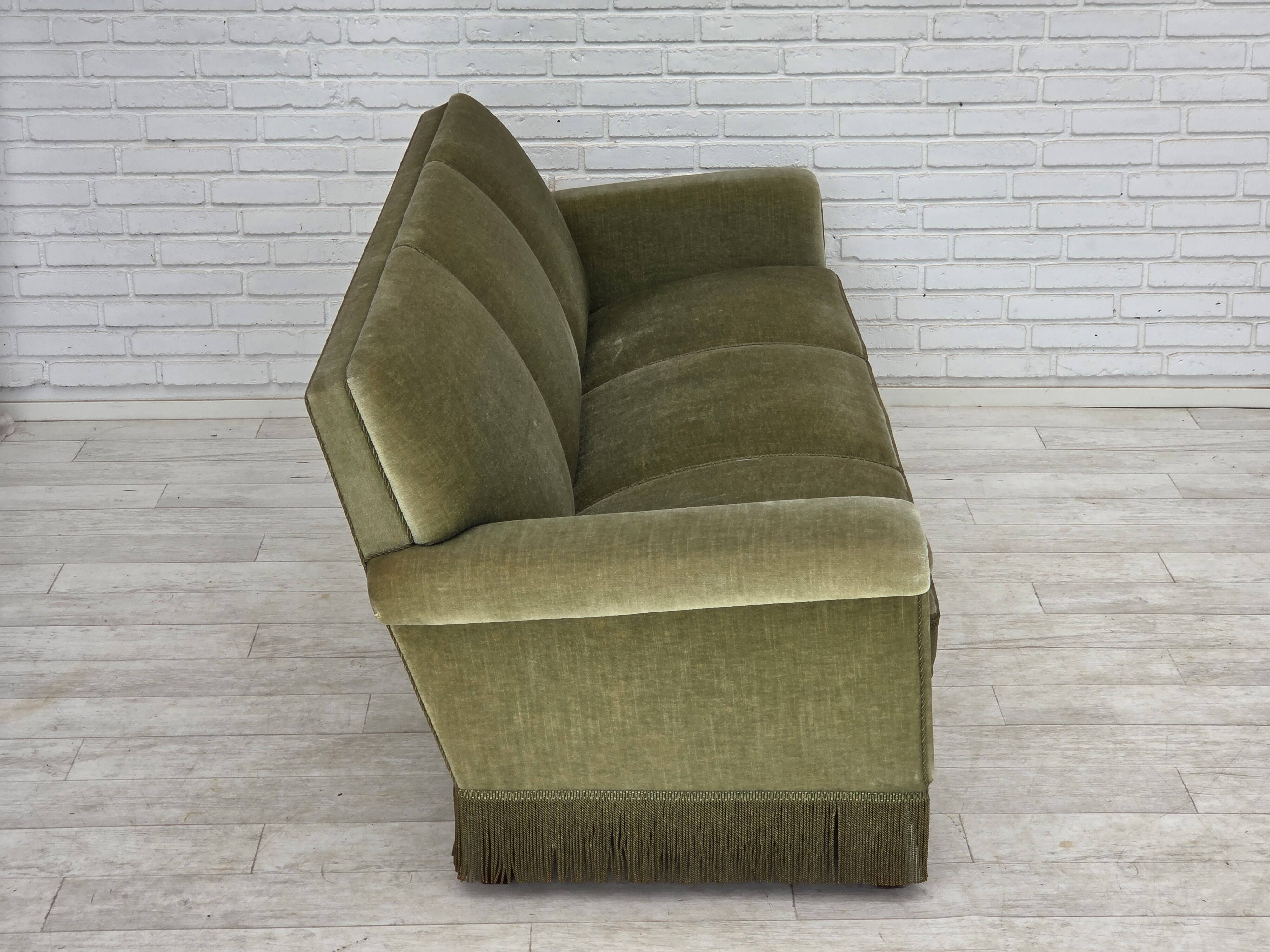1970s, Danish 3-seater sofa, green furniture velour, beech wood.