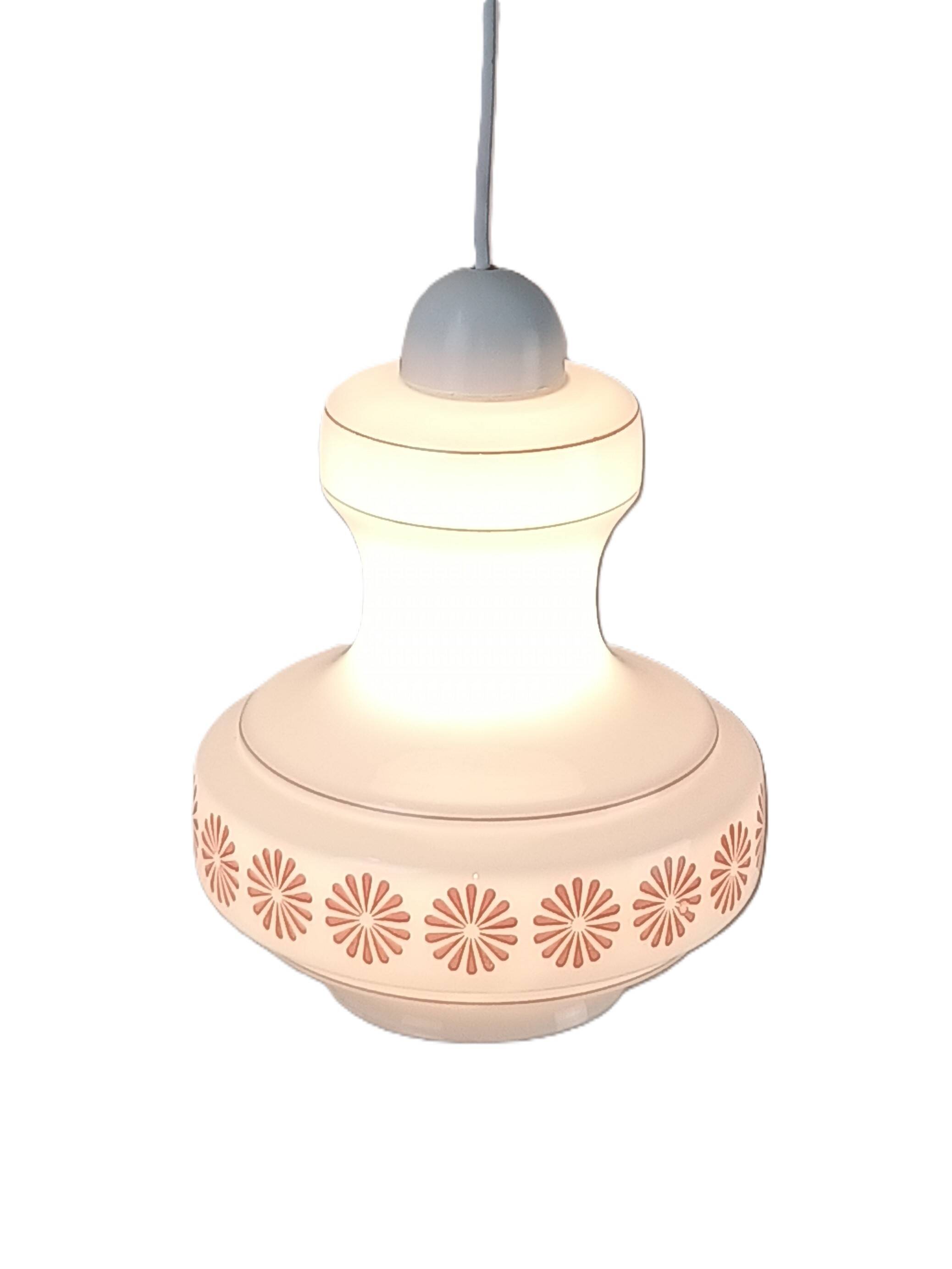 Vintage French pendant light in cream-white glass with pink flowers