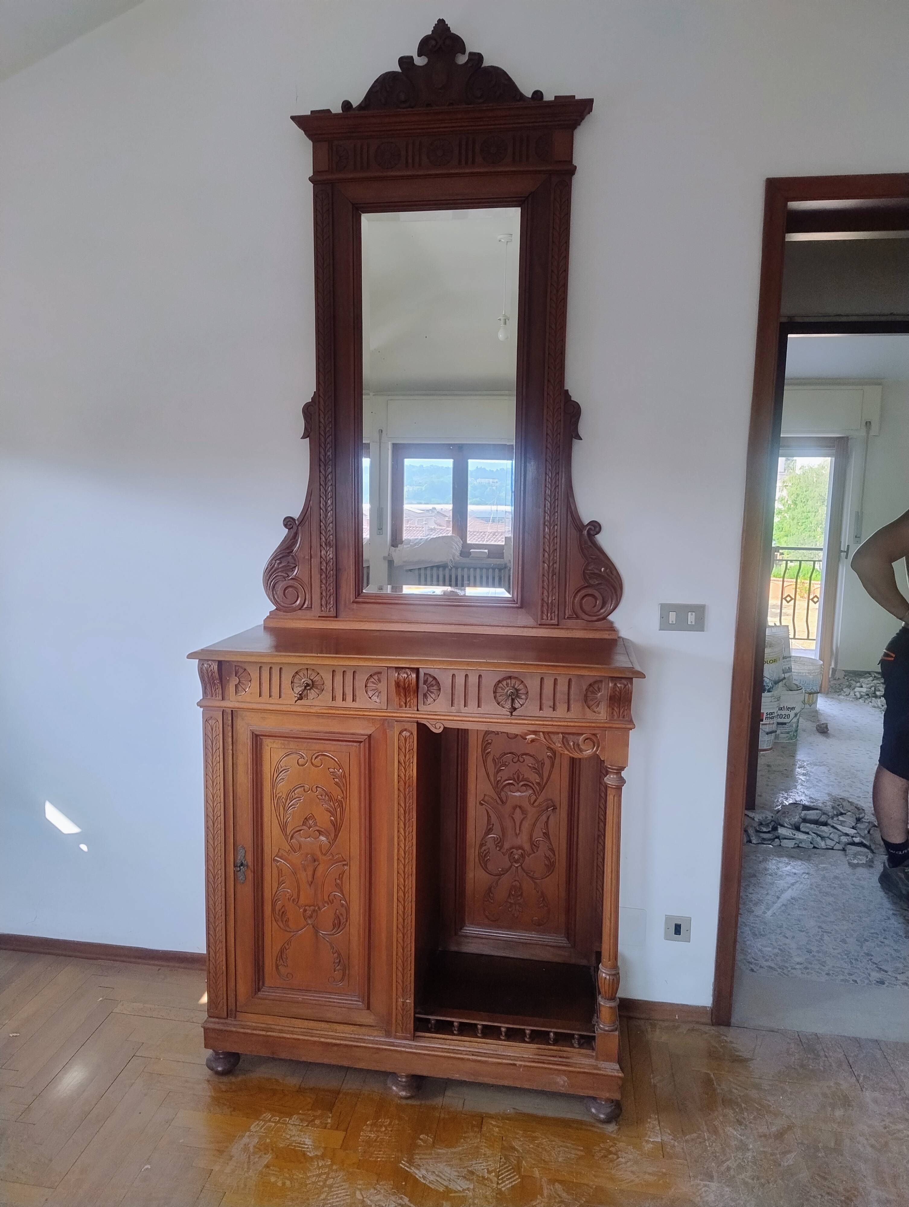 Antique Toilet with Carved Solid Wood Mirror, Late 19th Century, Eclectic