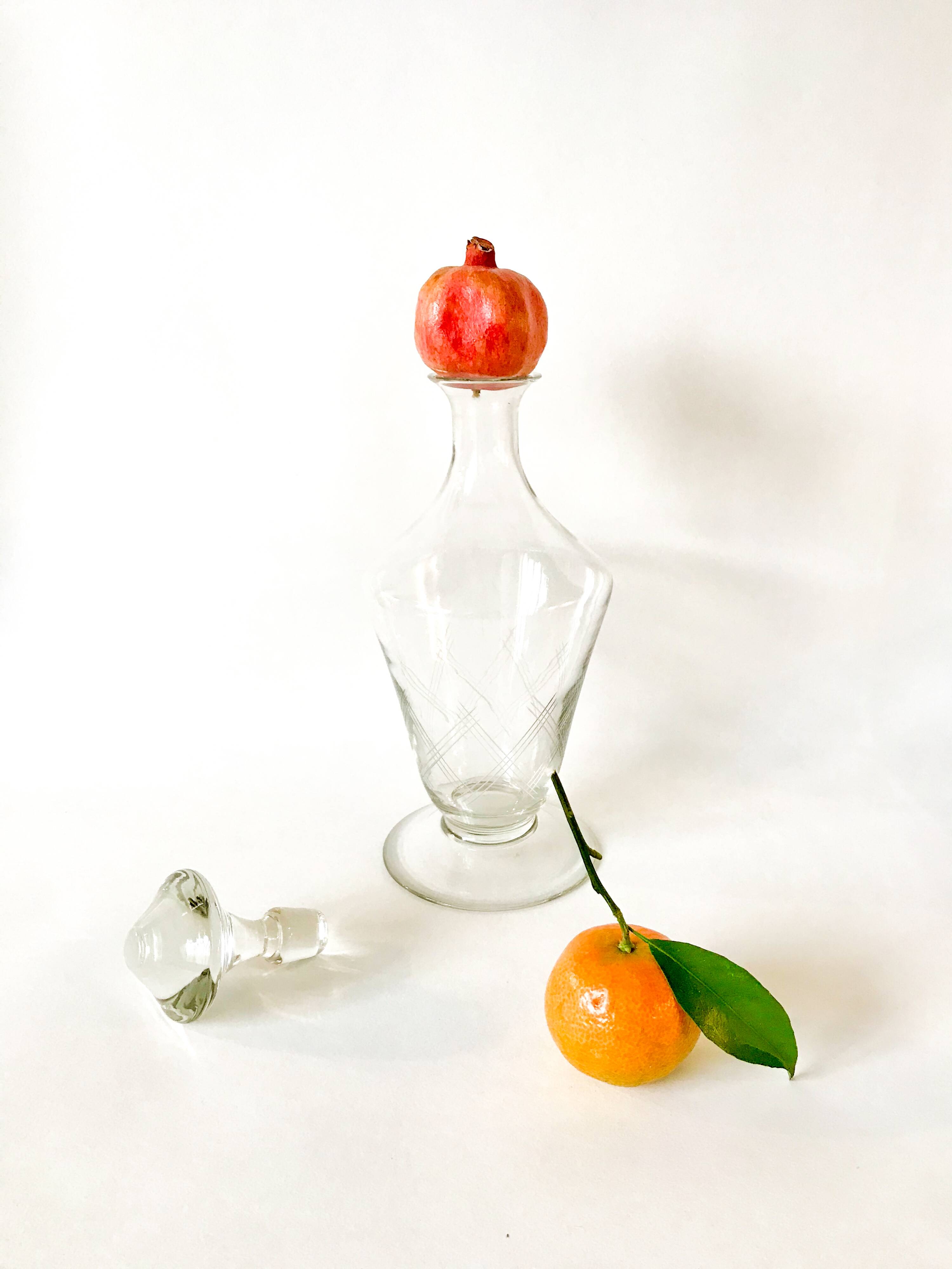 large engraved glass wine carafe from the 1950s