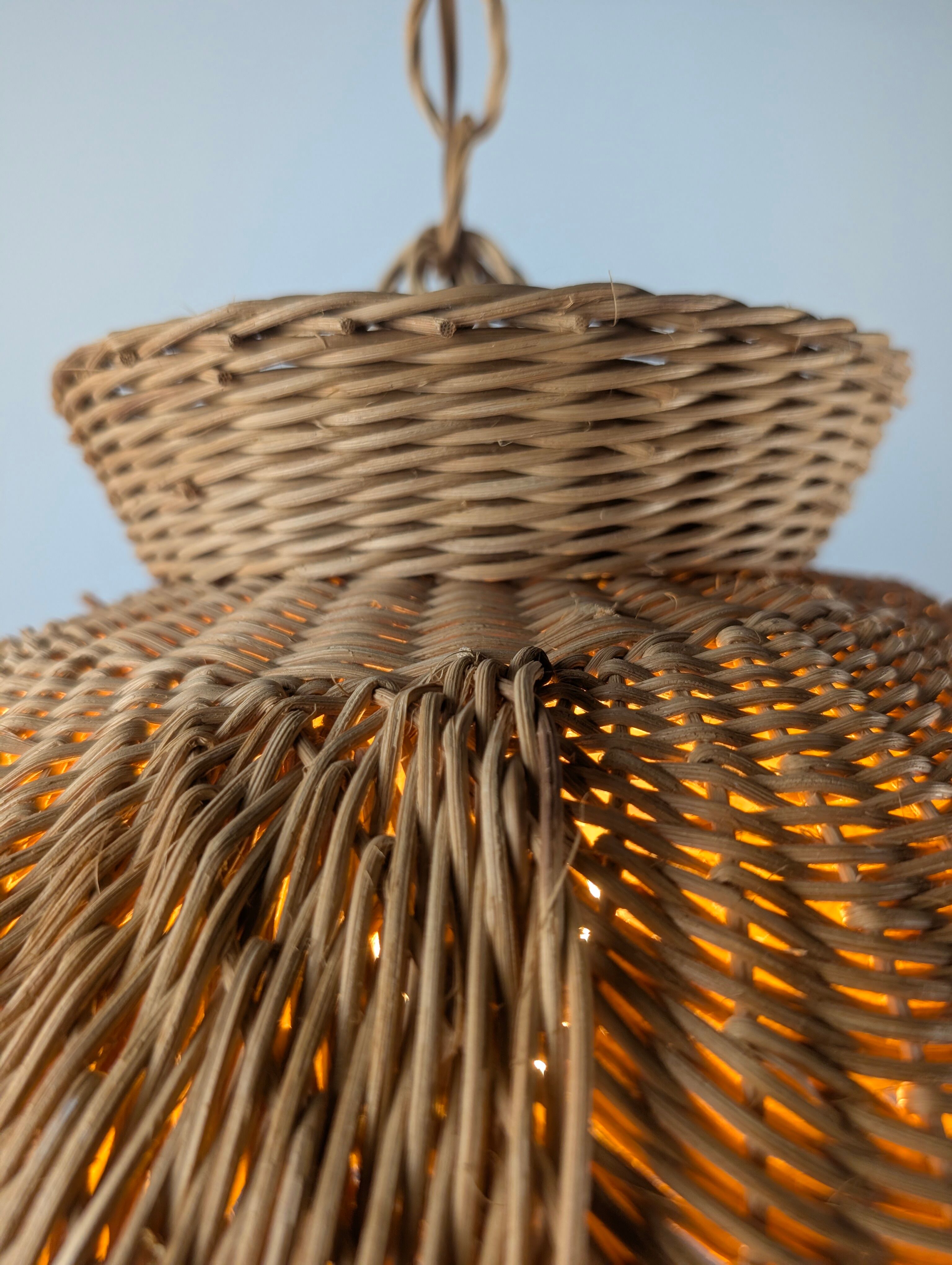Wicker organic modern pendant lamp with overlapping petal shade, late 20th century