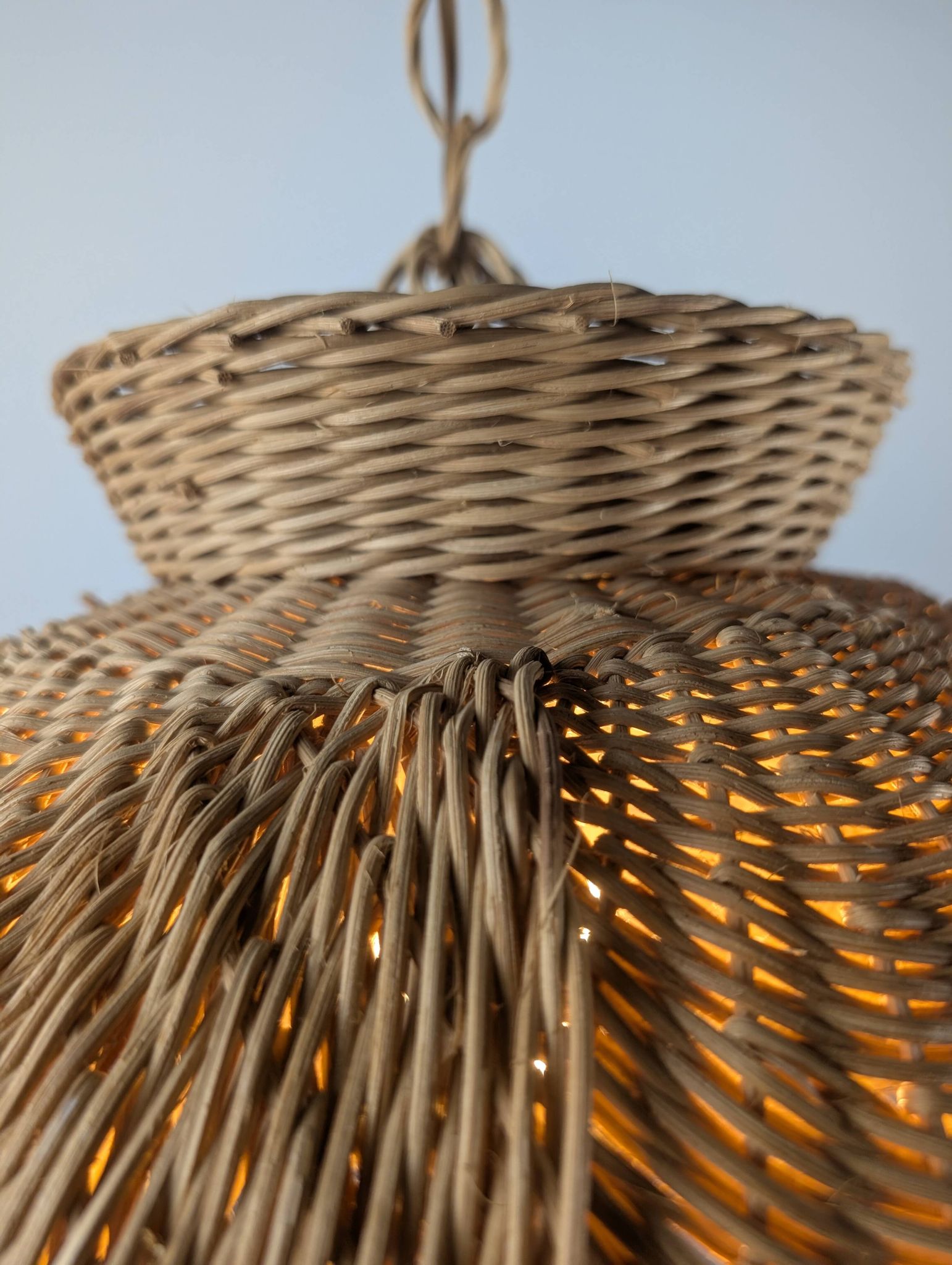 Wicker organic modern pendant lamp with overlapping petal shade, late 20th century