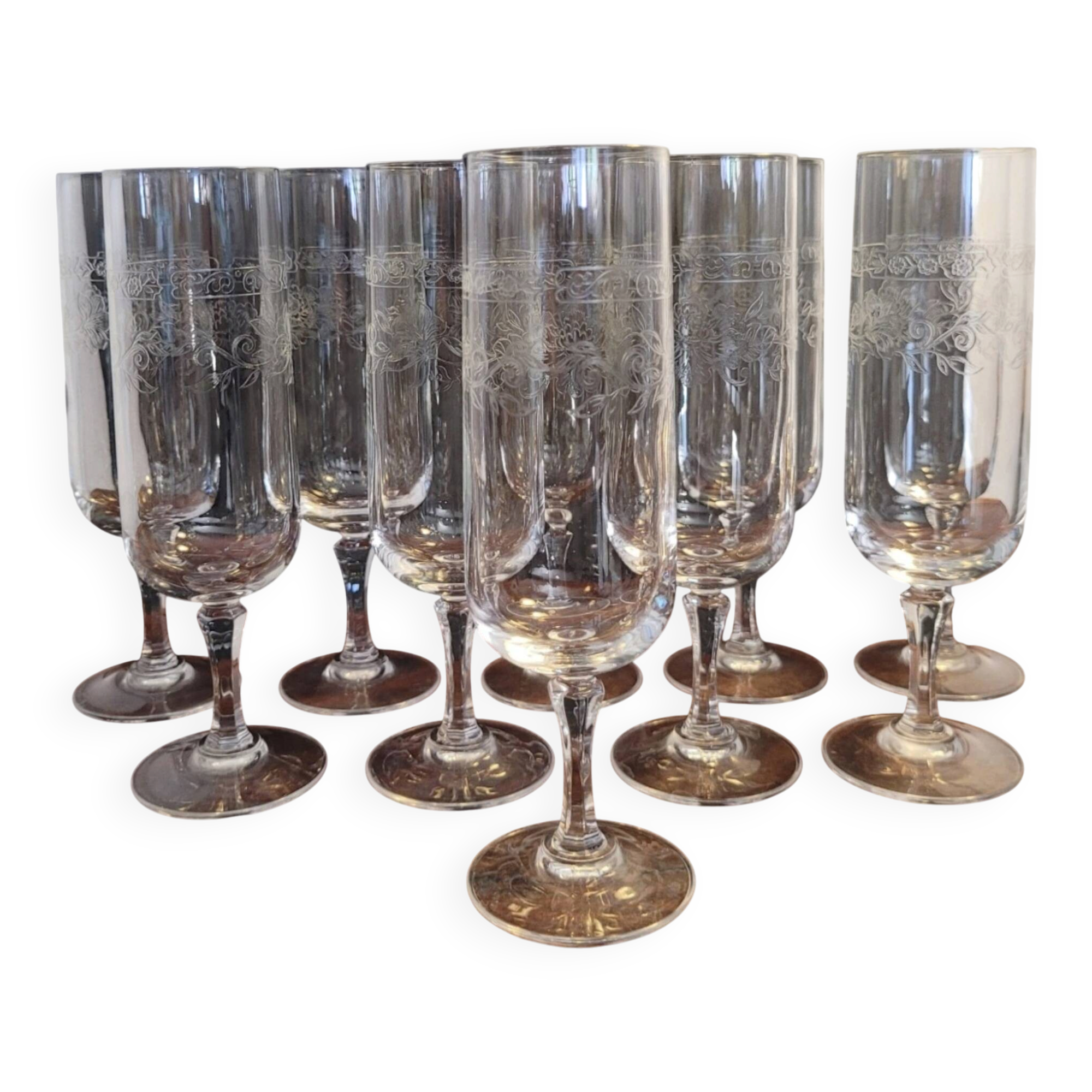 10 champagne glasses/flutes 16cl Cristal d'Arques Matignon model 70s