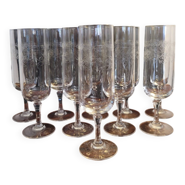 10 champagne glasses/flutes 16cl Cristal d'Arques Matignon model 70s