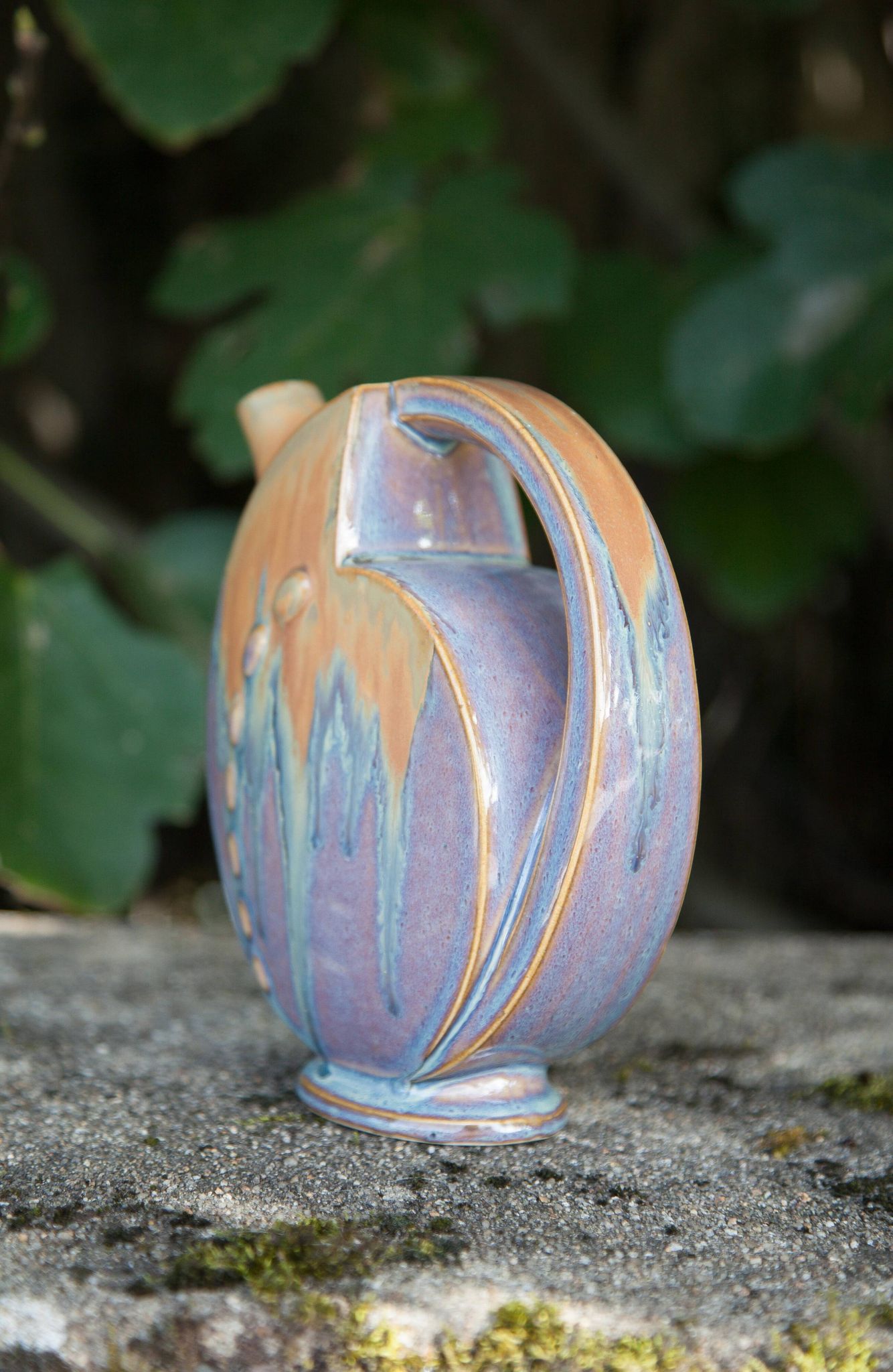 Flamed enameled stoneware bottle, pitcher, liquor bottle signed Denbac number 610, art vase