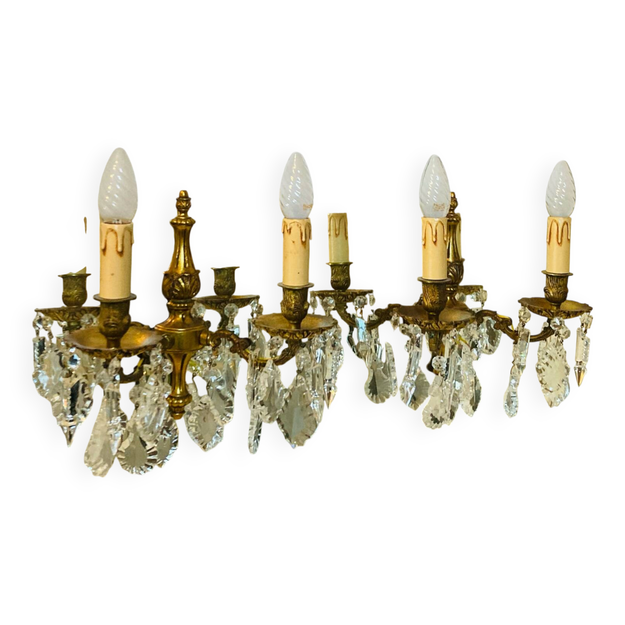 Pair of gilt bronze wall sconces with pendants from the mid-20th century.