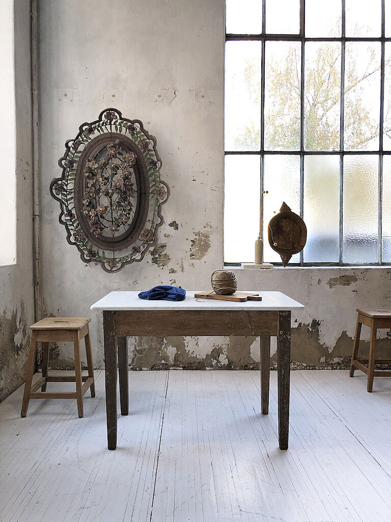 Oak and marble farm table